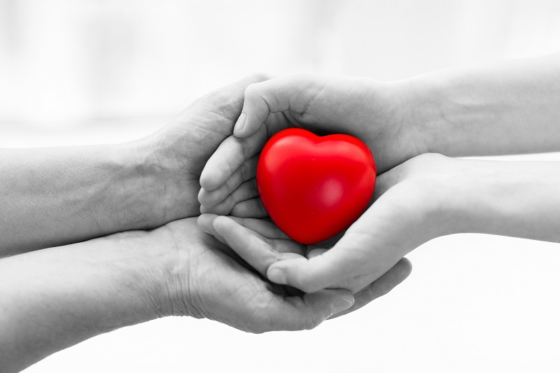 one pair of hands in greyscale holding another, while the top pair holds a bright red heart