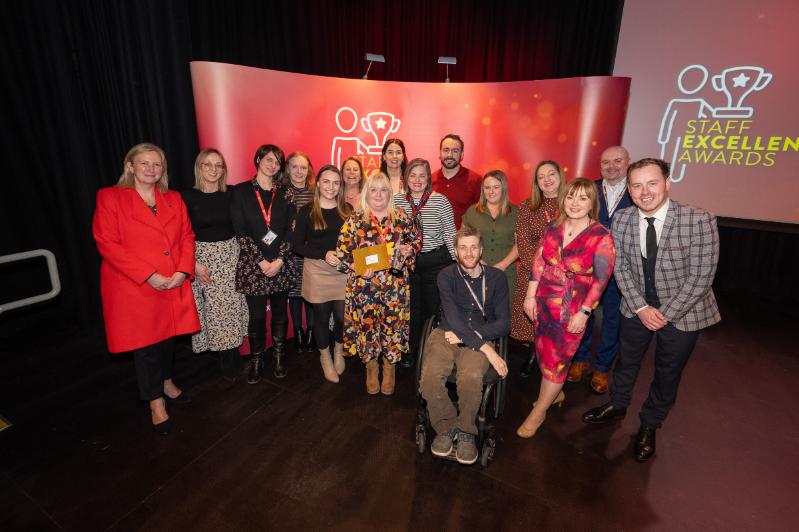 Image shows Co-Chairs of the Staff Excellence Awards Judging Panel, Gillian Magee and Mairead Regan, with the Student Wellbeing team and host Andrew Ryan