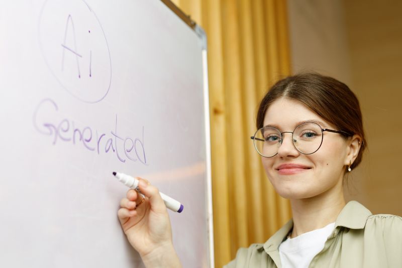 close-up of smiling young woman wearing glasses after writing 'AI Generated' on a whiteboard