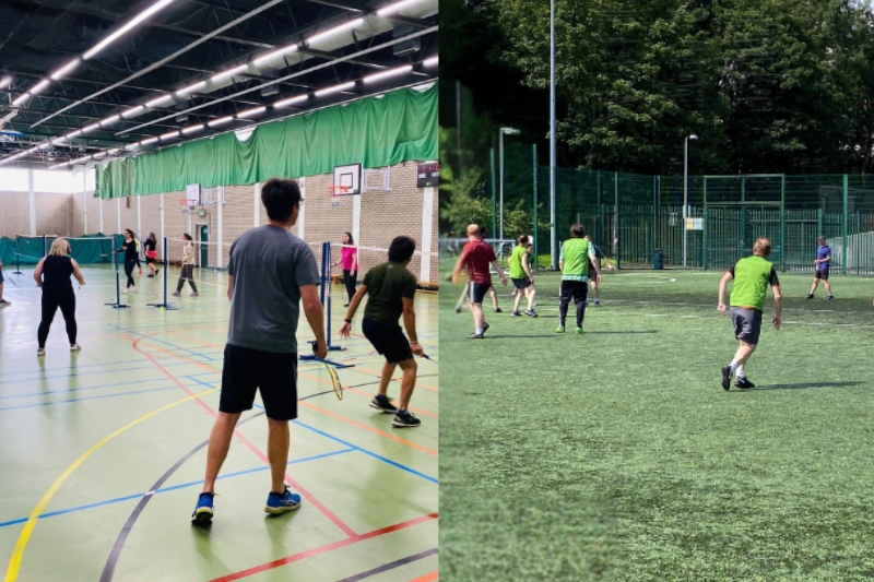 people playing badminton in a gym and football on a pitch
