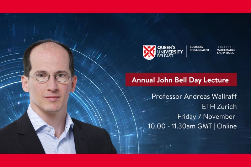 promo graphic for the Annual John Bell Day Lecture 2025, including thumbnail of guest speaker Professor Andreas Wallraff, ETH Zurich