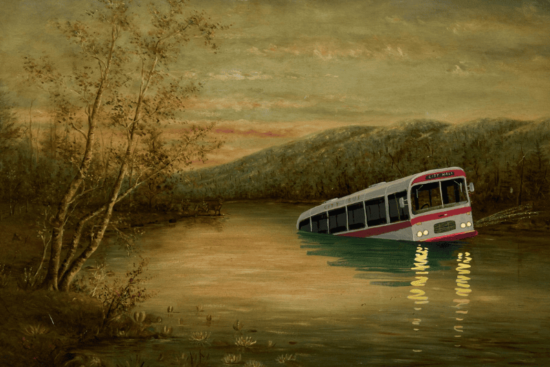 painting by Oliver Jeffers depicting a city bus partially submerged in a small lake or floodwater in dim daylight with its lights still on
