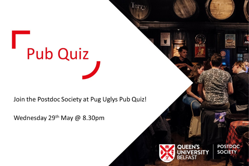 promotional flyer for Postdoc Society pub quiz, May 2024, showing young adults chatting in a pub