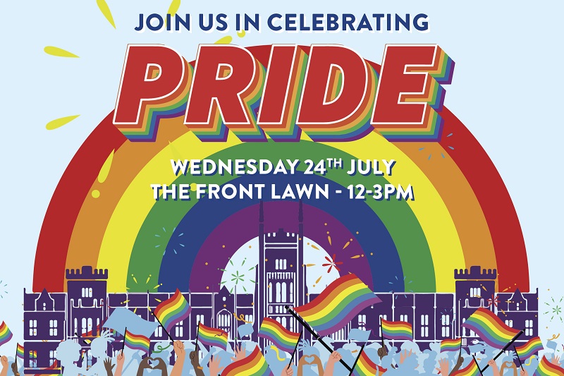 graphic promoting QUB Pride Picnic, showing the Lanyon Building with a rainbow background and a celebrating crowd at the front waving rainbow flags. Text reads Join us in Celebrating Pride / Wednesday 24th July / The Front Lawn - 12-3pm