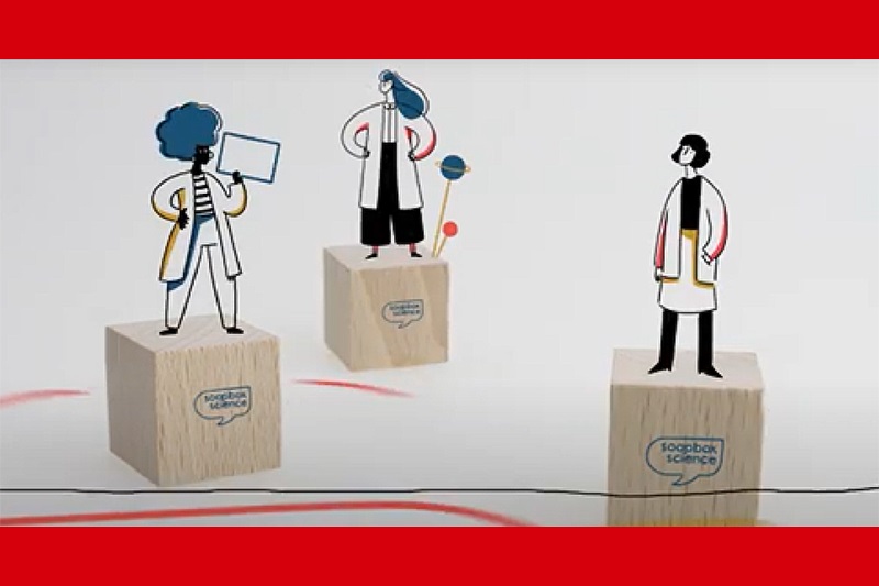 promo illustration for Soapbox Science, showing three female scientists standing on soapboxes talking about their research