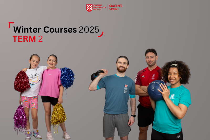 Queen's Sport - Winter courses 2025. Image shows two smiling young girls holding pom-poms and tree adults lifting weights