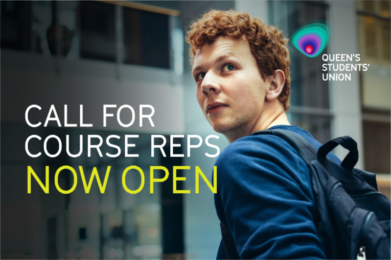 Queen's Students' Union call for Course Reps 2024. Image shows young male student wearing backpack.